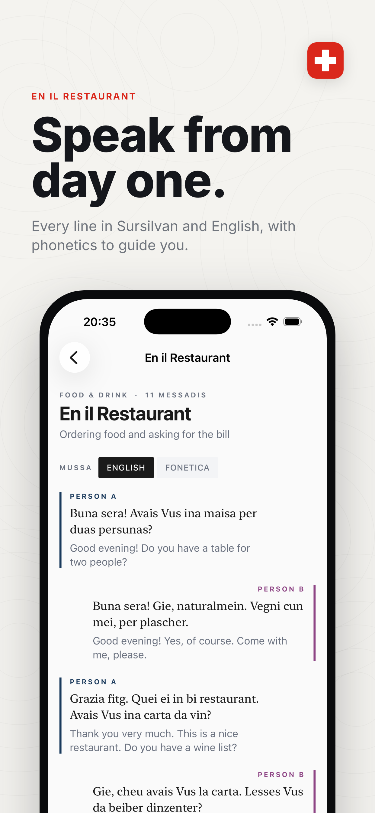 Restaurant dialogue in Sursilvan and English