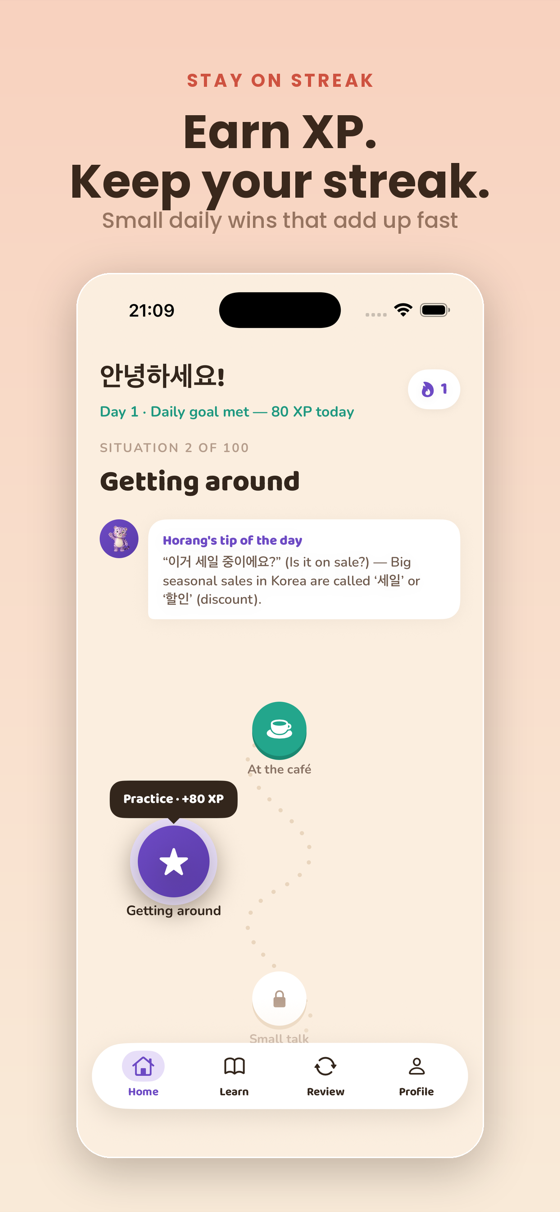 Daily trail with Horang's tip, XP and streak