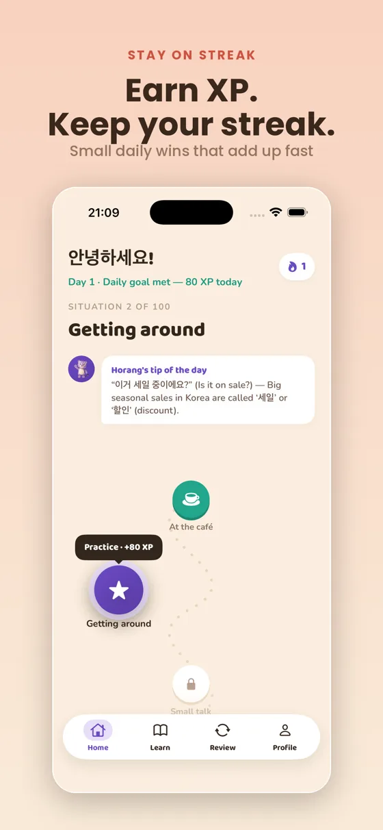 Daily trail with Horang's tip, XP and streak