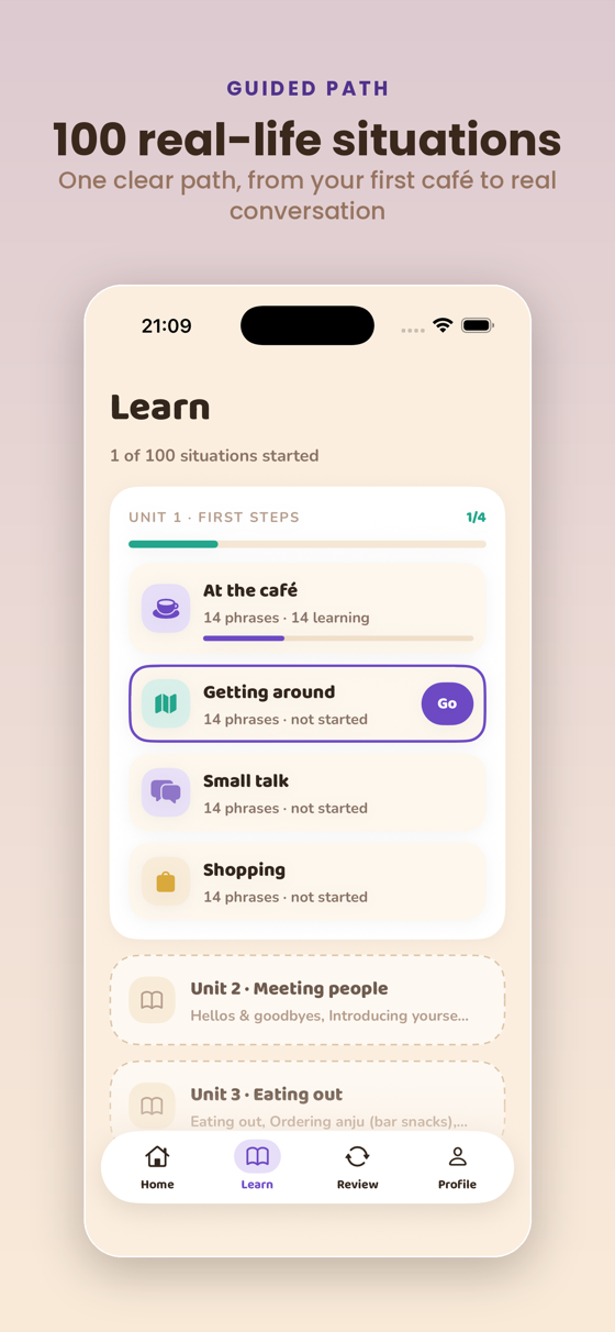 Learn tab — 100 situations across 25 units