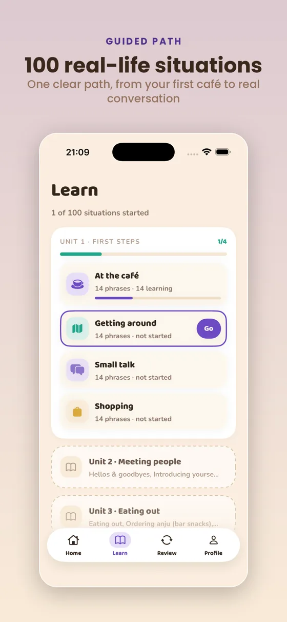 Learn tab — 100 situations across 25 units