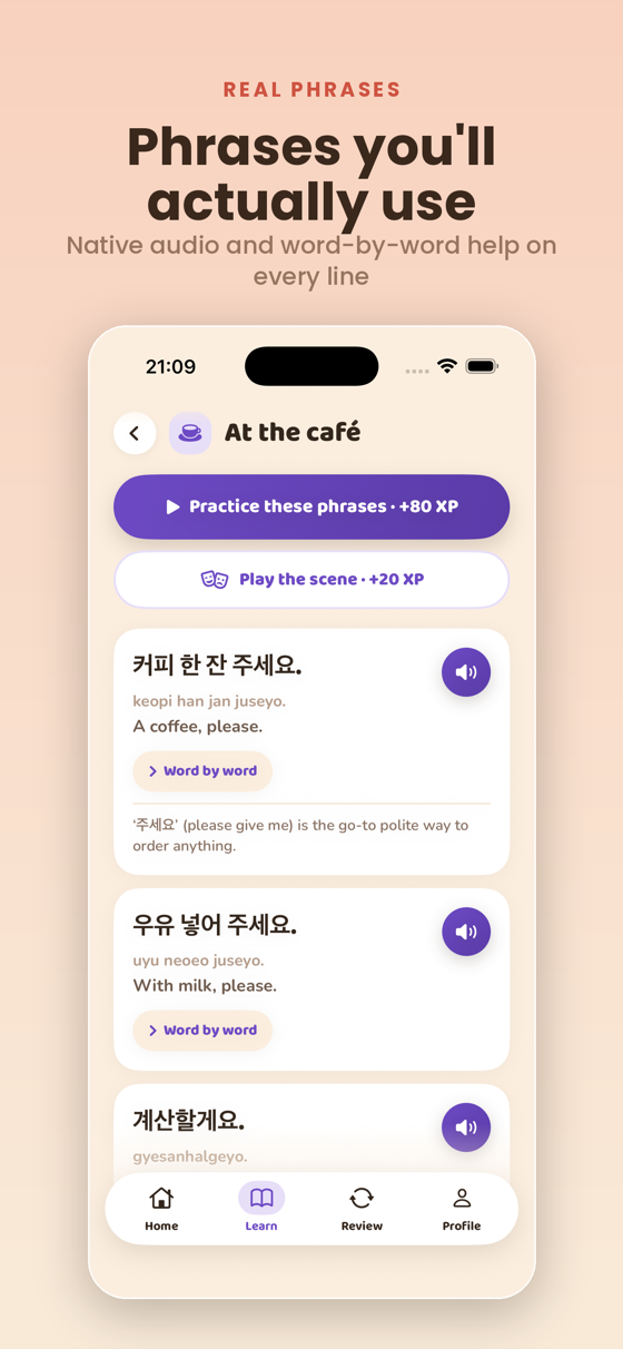 Practice real phrases with clear audio