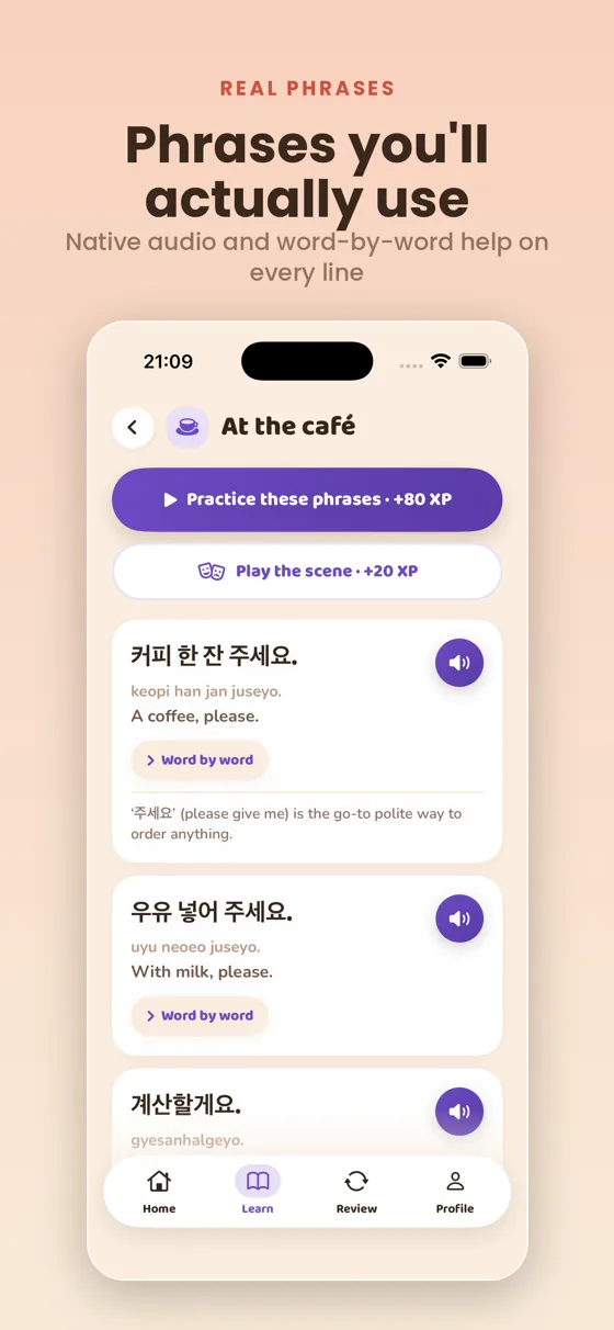 Practice real phrases with clear audio