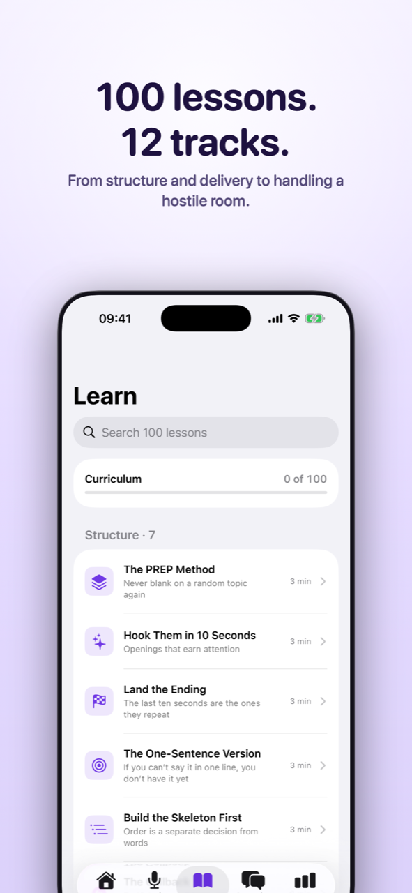 The Learn curriculum, 100 lessons across 12 tracks
