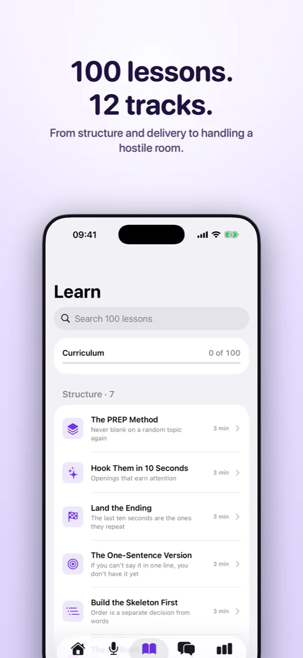 The Learn curriculum, 110 lessons across 13 tracks