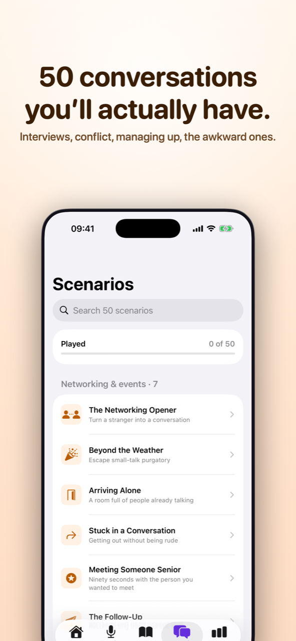 The scenario library, 50 dialogues across 7 tracks