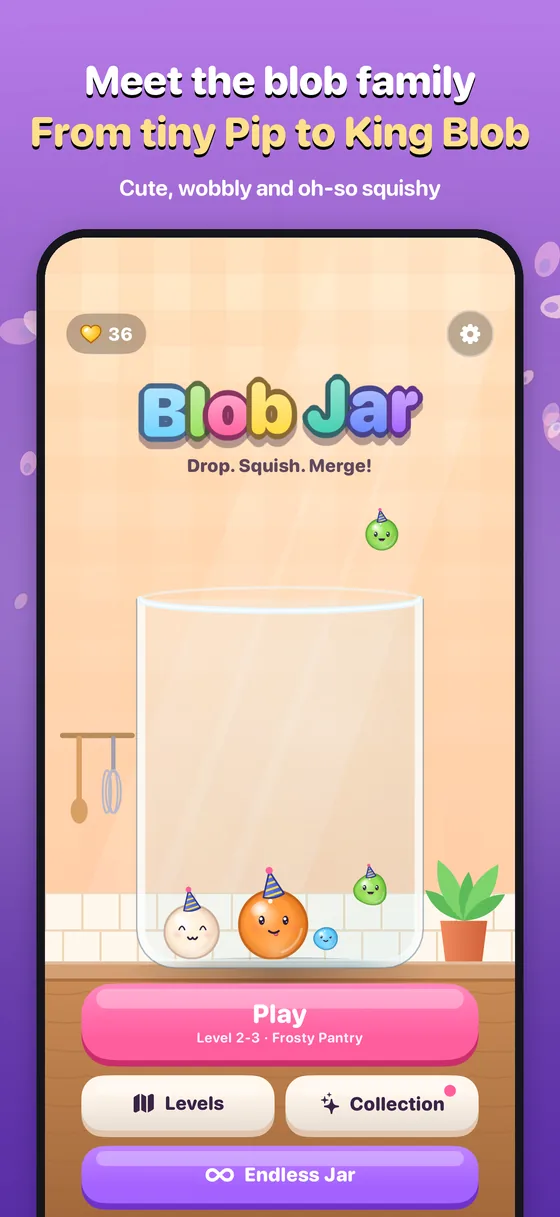 Blob Jar home screen: the title above a glass jar playing itself, with Play, Levels, Collection and Endless Jar buttons
