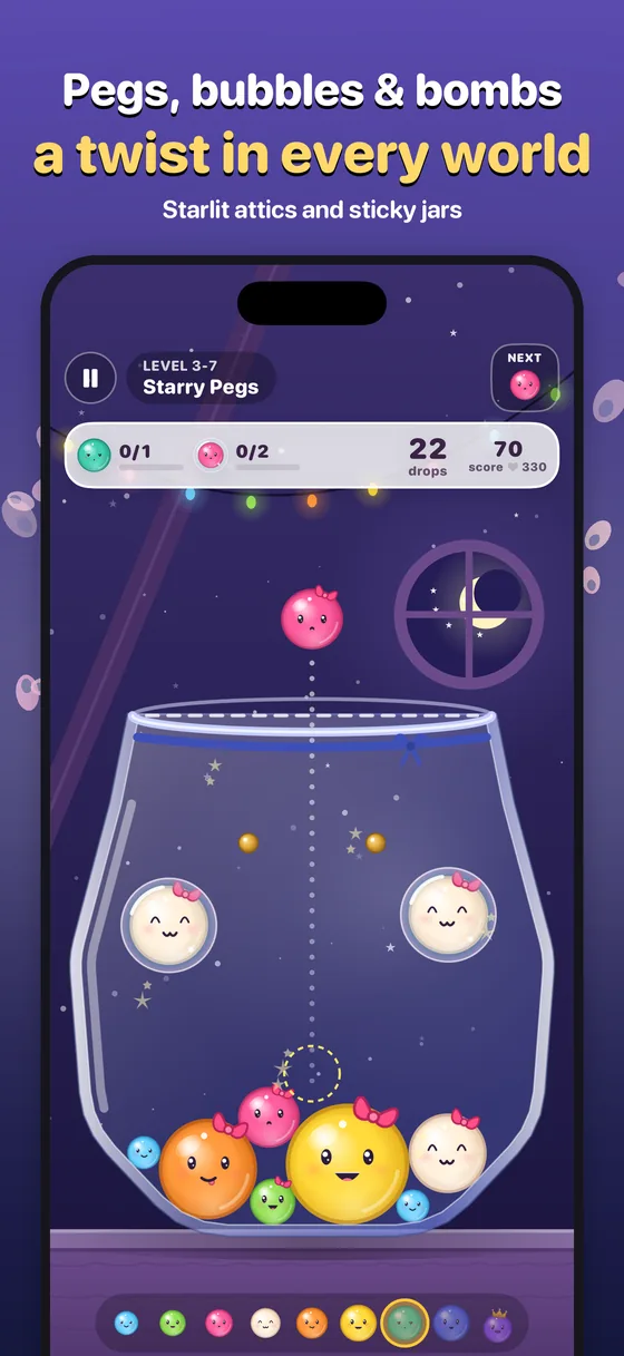 Starlight Attic: pegs and bubble blobs in a tilted jar