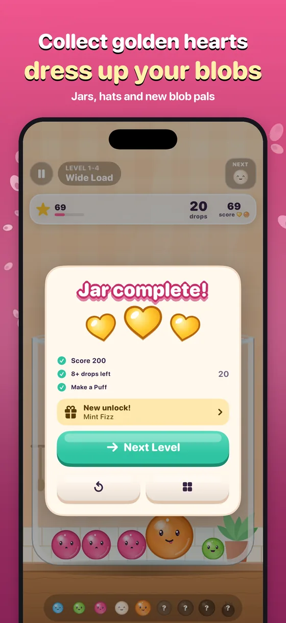 Jar complete card with three golden hearts and a new jar unlocked