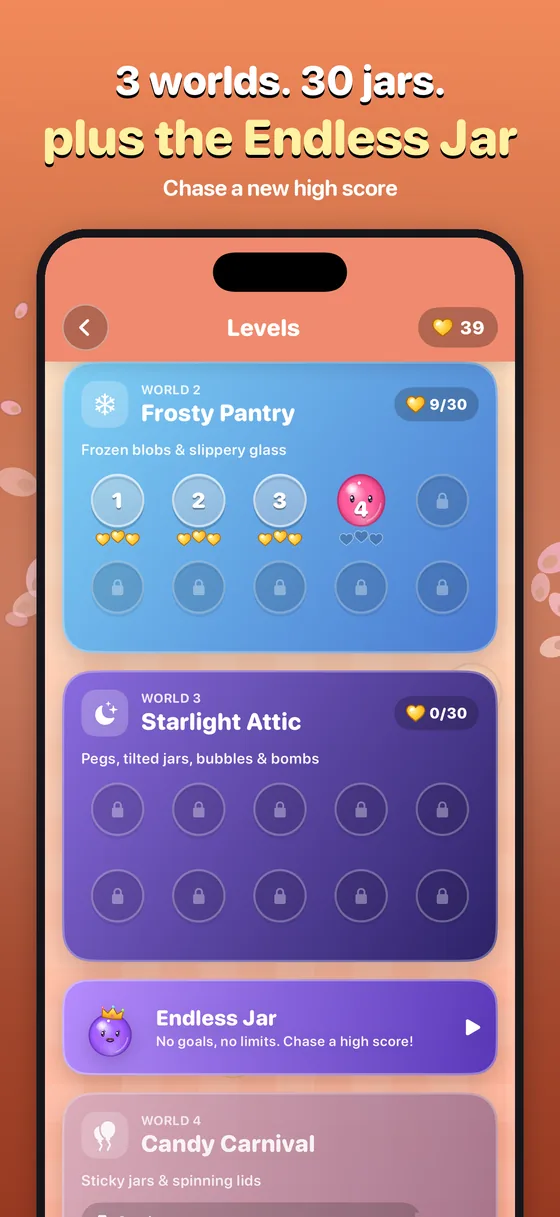 Level map with heart ratings, Frosty Pantry, Starlight Attic and Candy Carnival coming soon