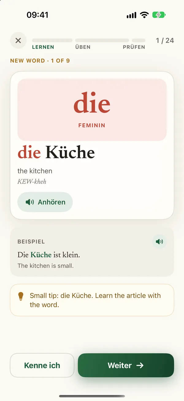 Willkommen's Lernen step showing the new word die K&uuml;che, with the article die in red and the label Feminin