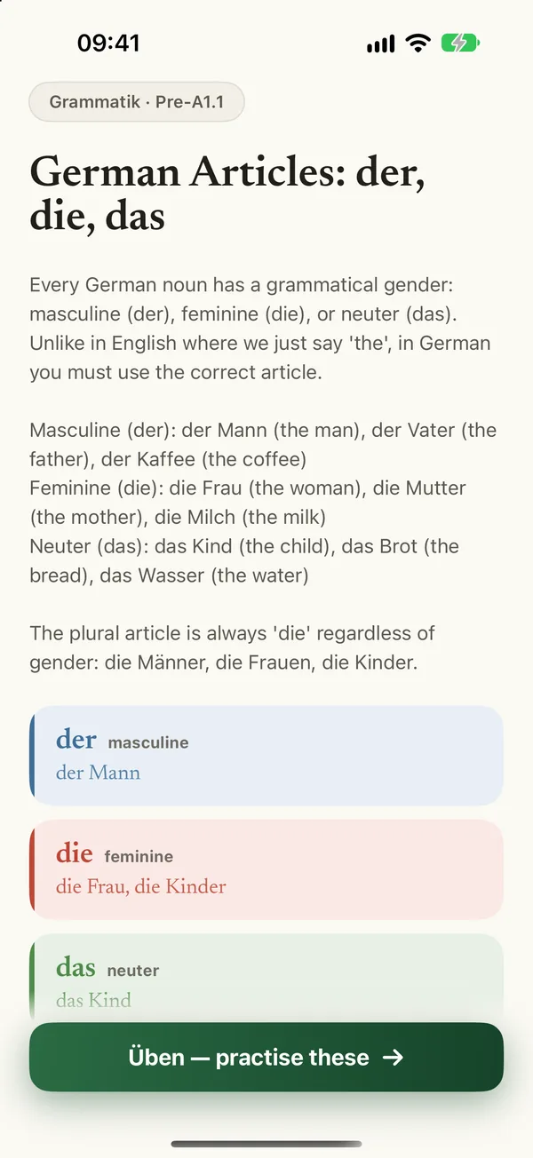 Willkommen's grammar page German Articles: der, die, das, with examples in blue, red and green