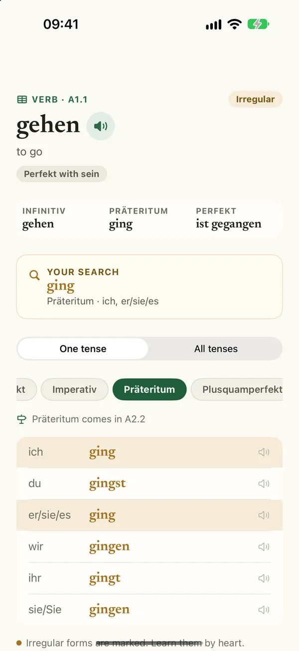 The page for gehen, to go, marked Irregular and &ldquo;Perfekt with sein&rdquo;. Its principal parts read gehen, ging, ist gegangen. A box repeats the search, ging, Pr&auml;teritum, ich, er/sie/es. The Pr&auml;teritum table lists ging, gingst, ging, gingen, gingt, gingen, with the ich and er/sie/es rows highlighted, under the note &ldquo;Pr&auml;teritum comes in A2.2&rdquo;.