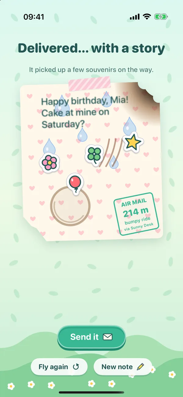 A delivered note reading Happy birthday, Mia! Cake at mine on Saturday? with raindrops, blurred writing, a singed corner, a snipped corner, claw marks, a coffee ring, four stickers and an Air Mail stamp saying 214 m, bumpy ride, via Sunny Desk