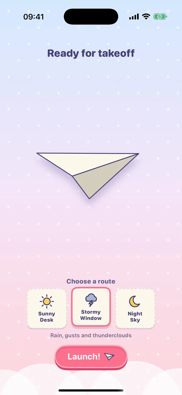 Paper Post's fold screen: a finished paper plane under the words Ready for takeoff, with three route tickets, Sunny Desk, Stormy Window and Night Sky, Stormy Window selected, and a Launch button
