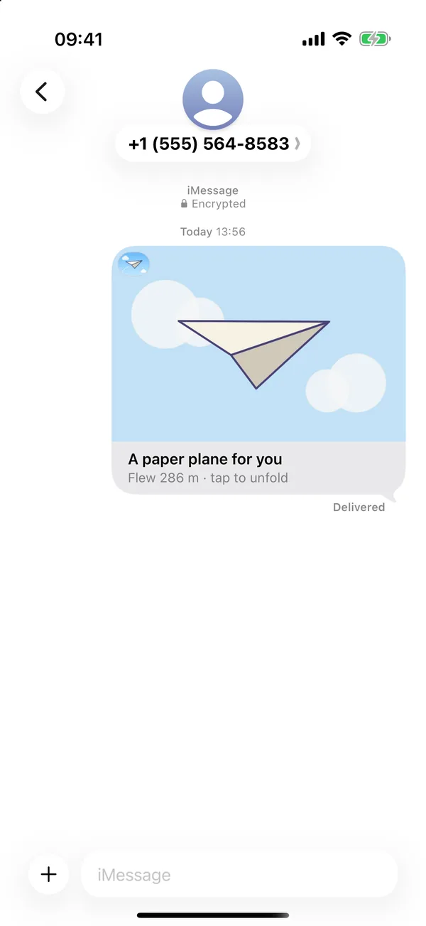A Messages conversation with one bubble: a paper plane in a blue sky with clouds, captioned A paper plane for you, Flew 286 m, tap to unfold