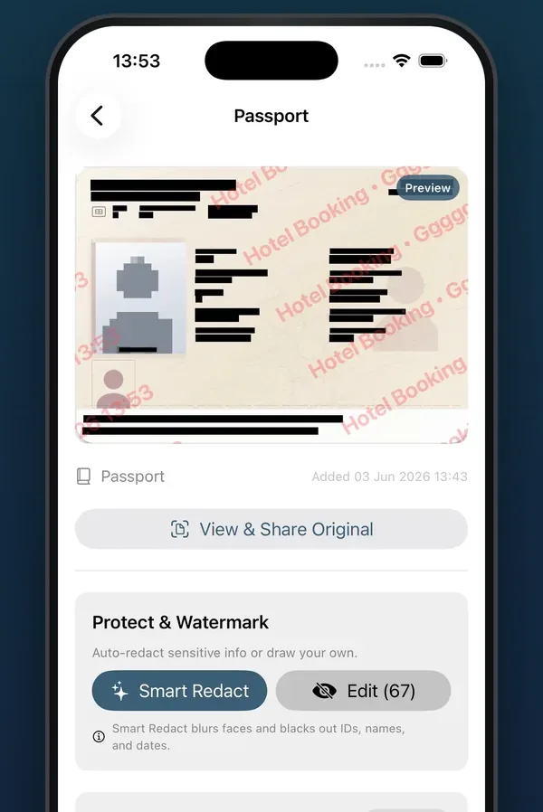 The same sample passport with the watermark Hotel Booking repeated diagonally across the page