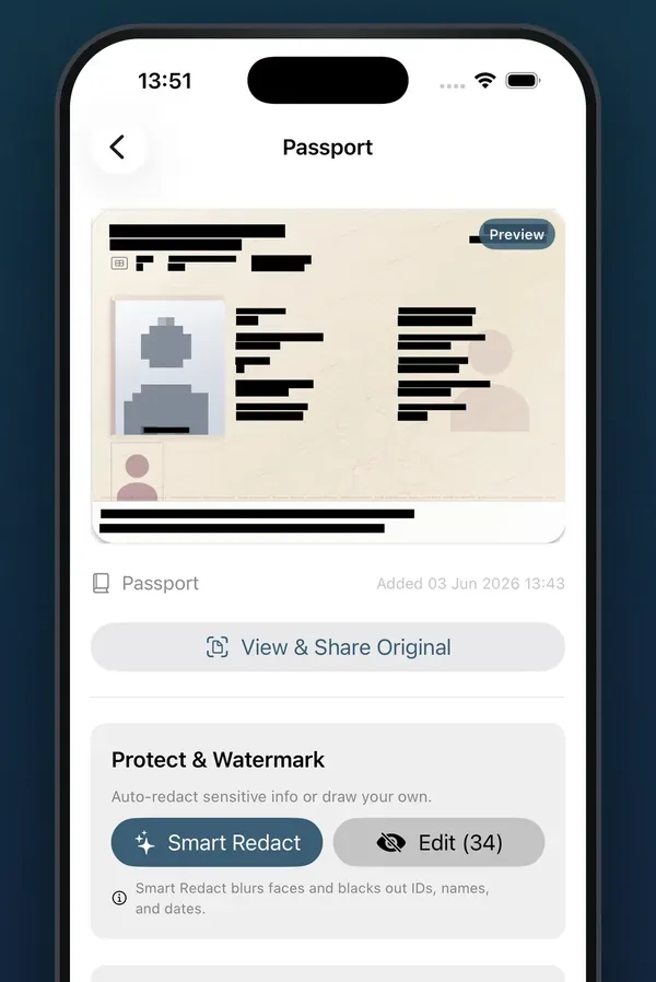 ID-Shield showing a sample passport with every text field blacked out and the portrait blurred after Smart Redact