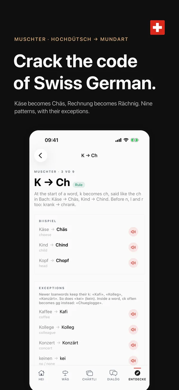Gr&uuml;ezi App Store image headed &ldquo;Crack the code of Swiss German&rdquo;, showing the K &rarr; Ch pattern card: marked Rule, with the examples K&auml;se to Ch&auml;s, Kind to Chind and Kopf to Chopf, and the exceptions Kafi, Kolleg, Konz&auml;rt and kei.