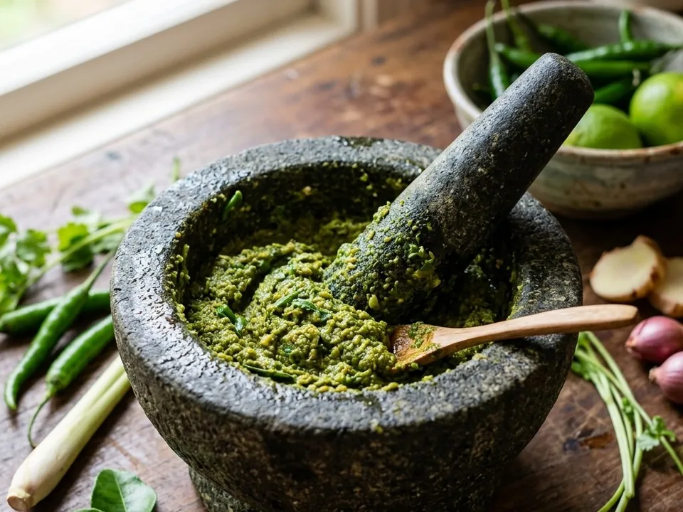 A rough green paste in a dark stone mortar with the pestle resting in it, on a wooden table with fresh green chilies, lemongrass and lime leaves.