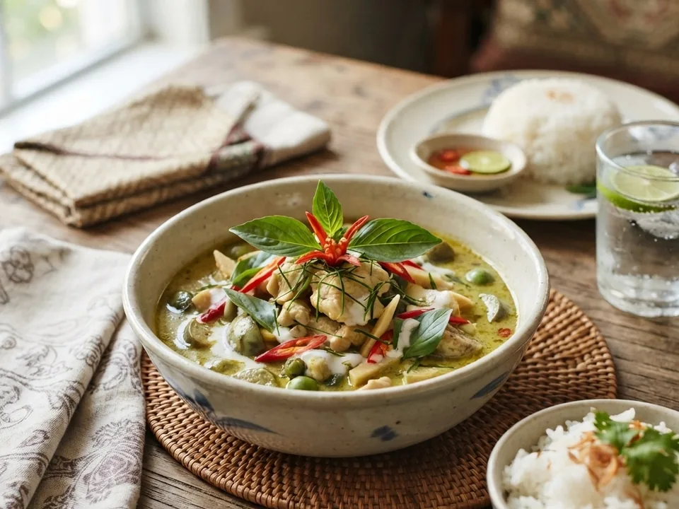 A bowl of pale green curry with chicken, eggplant, sliced red chili and basil, with rice on the side.