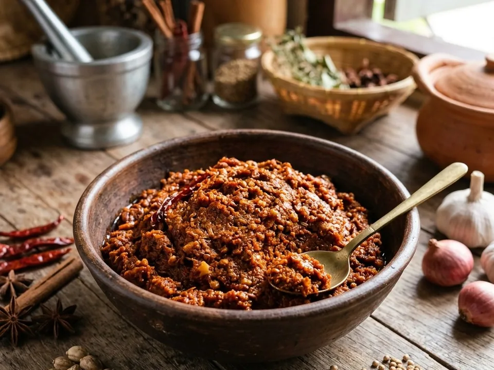 A dark red-brown paste in a wide clay bowl with a brass spoon, surrounded by star anise, cinnamon, dried chilies, garlic and shallots.