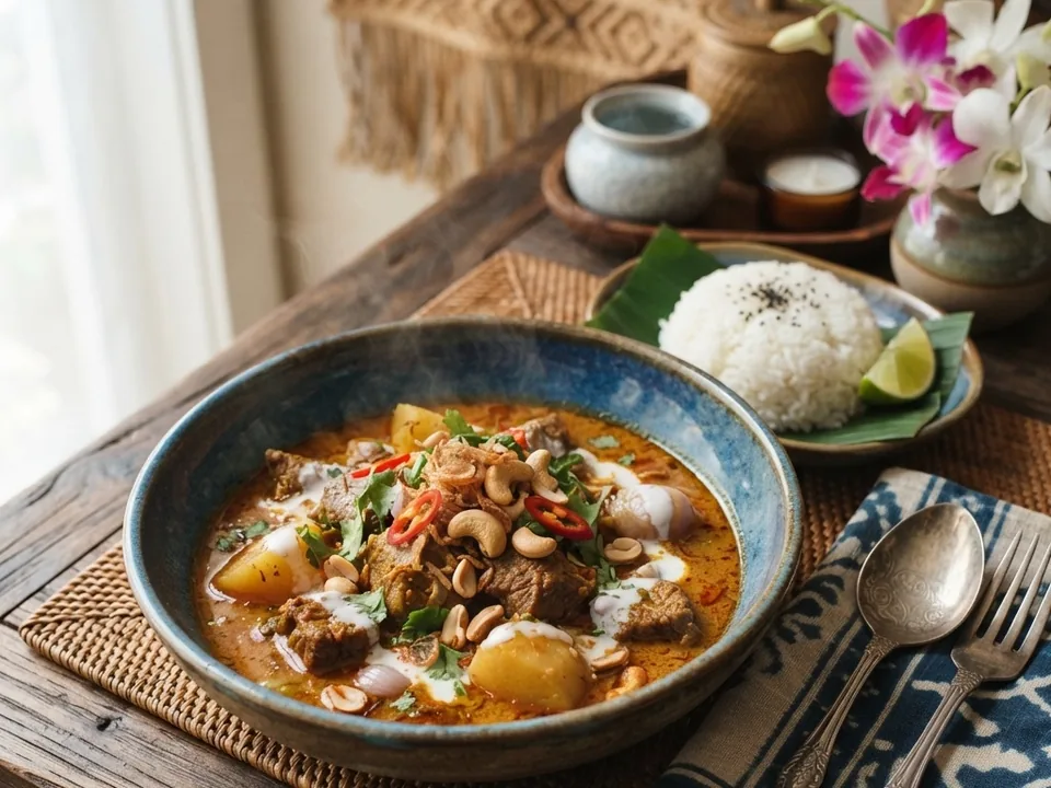 A blue-rimmed bowl of massaman curry with beef, potatoes and nuts in an orange sauce, with rice and a spoon and fork beside it.
