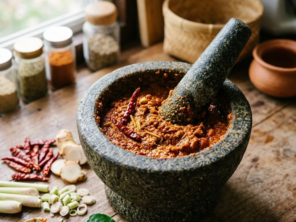A coarse red paste in a stone mortar with the pestle in it, next to dried chilies, galangal and sliced lemongrass, with jars of spices behind.