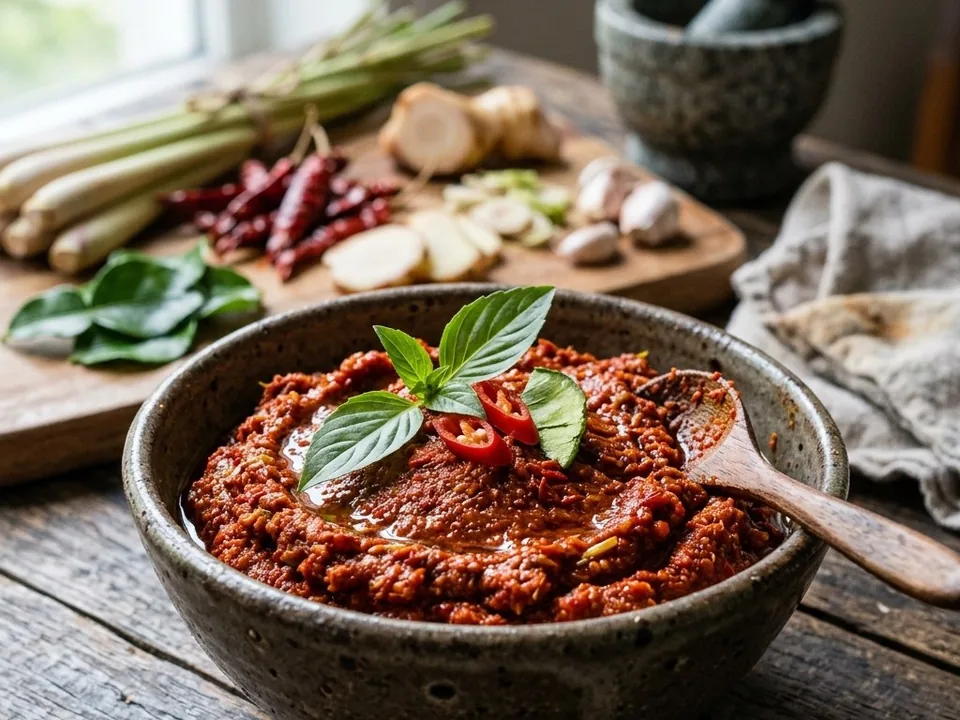 A deep red paste in a stone bowl, topped with basil and sliced chili, with dried chilies, lemongrass and galangal behind it.