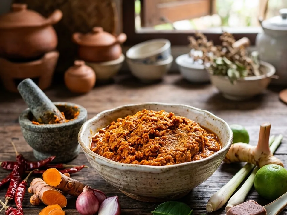 An orange-yellow paste in a ceramic bowl, with fresh turmeric, dried red chilies, shallots, lemongrass and a small mortar around it.
