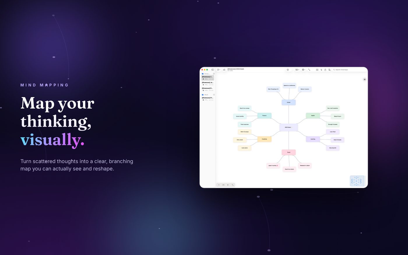 Threadmap on Mac showing a branching mind map on the canvas