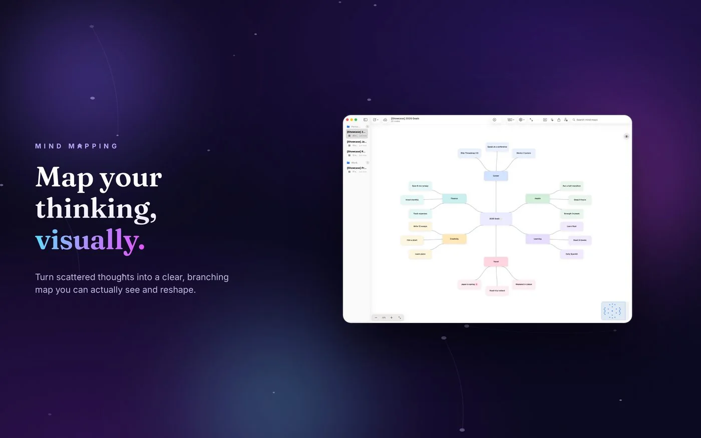 Threadmap on Mac showing a branching mind map on the canvas