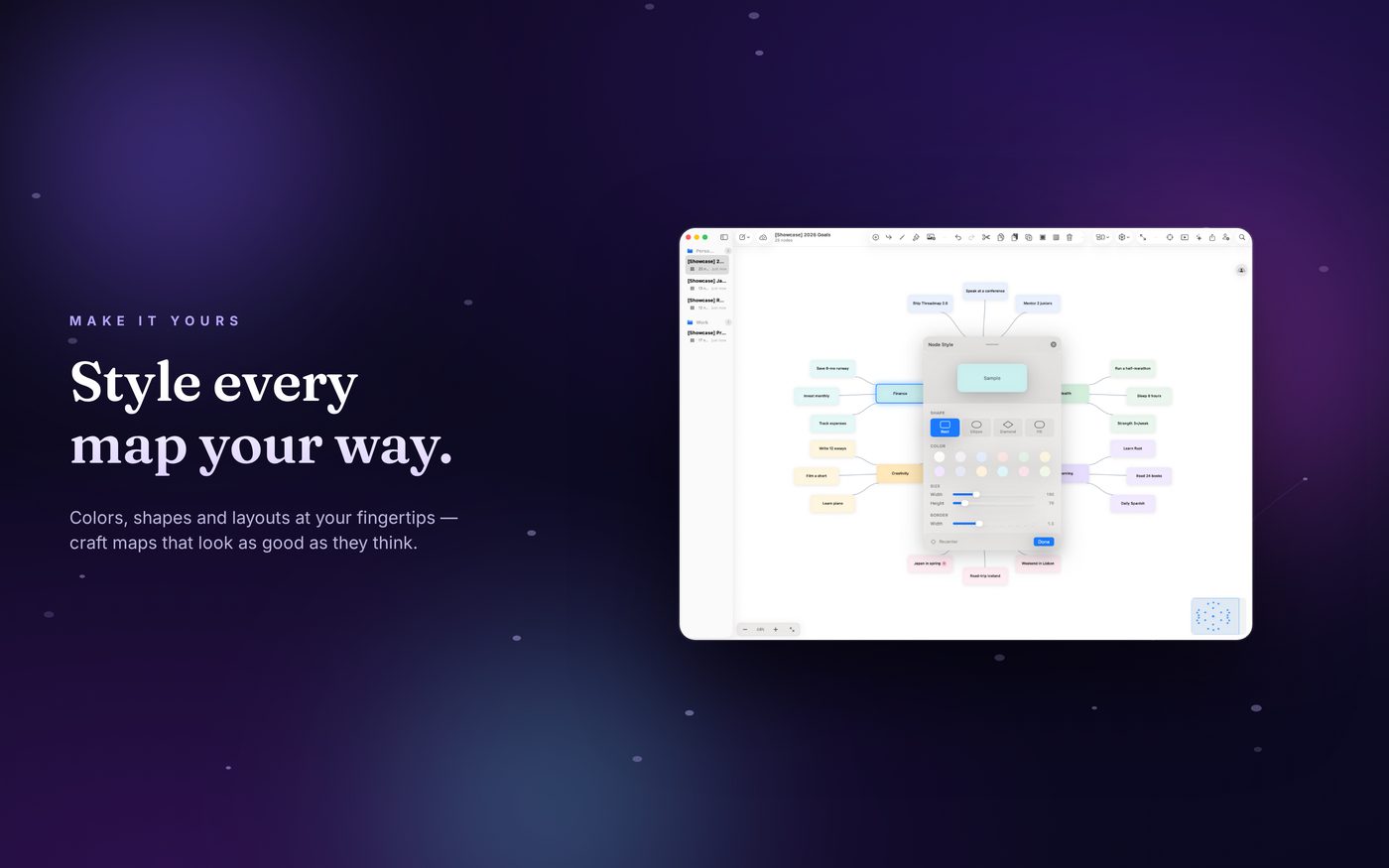 Live Node Style editor with shape, color, and size controls on Mac