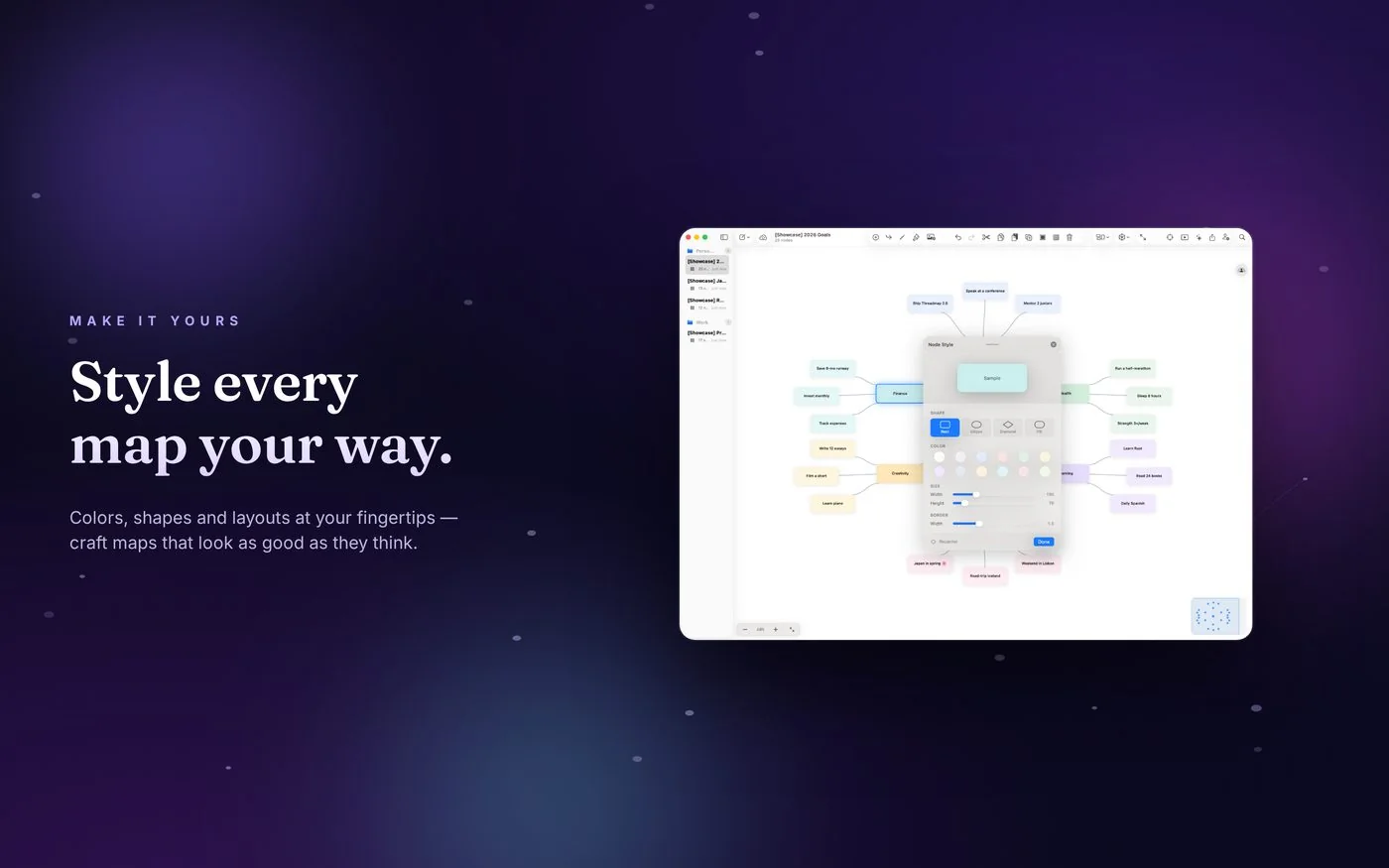 Live Node Style editor with shape, color, and size controls on Mac