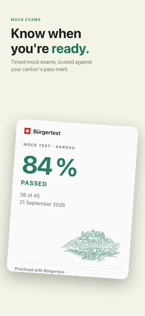 The share card of a passed mock exam, scored against the canton&rsquo;s pass mark