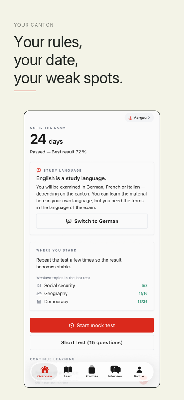 Overview with exam countdown and weakest topics
