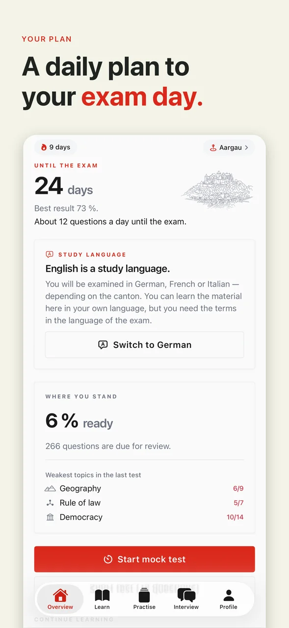 A daily plan to your exam day, with your weakest topics