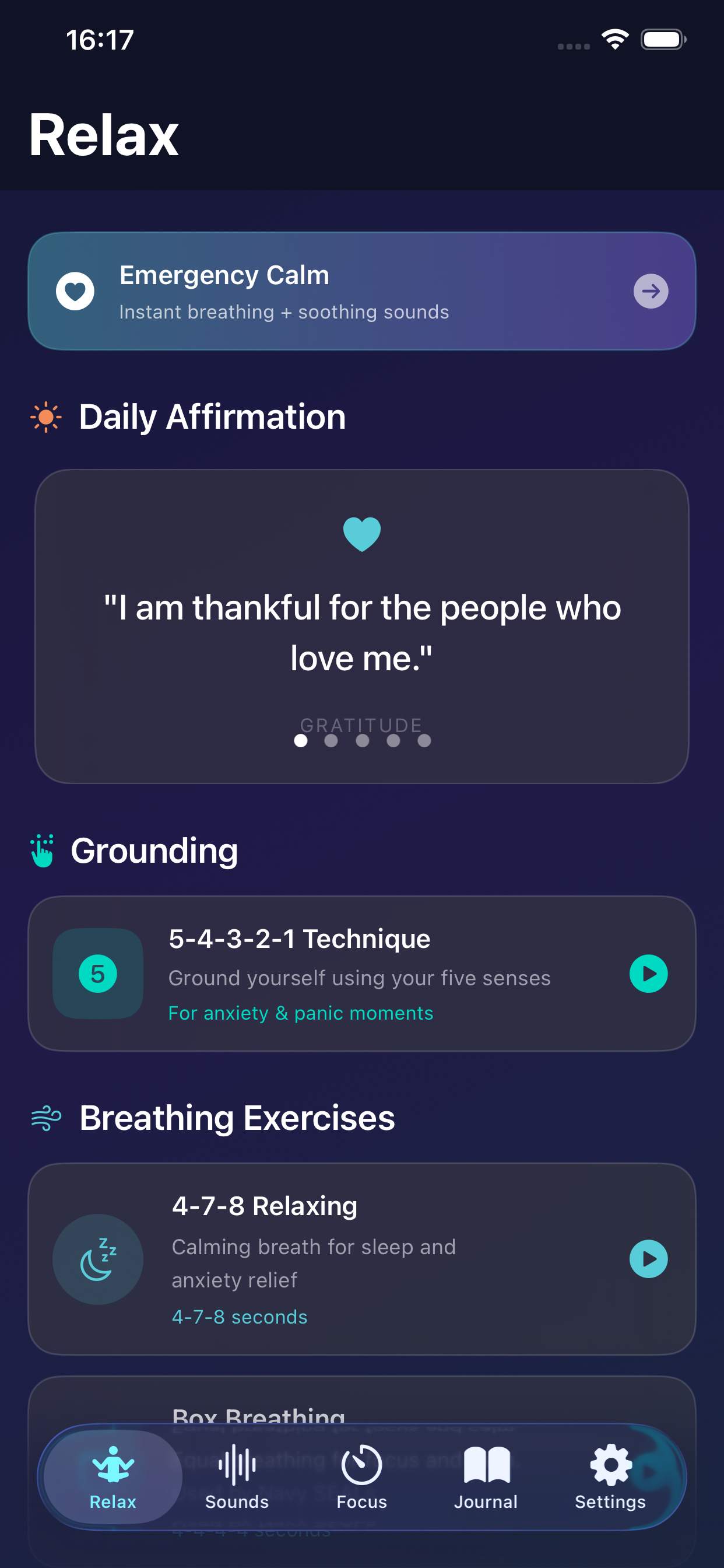 Relax tab with breathing exercises and affirmations