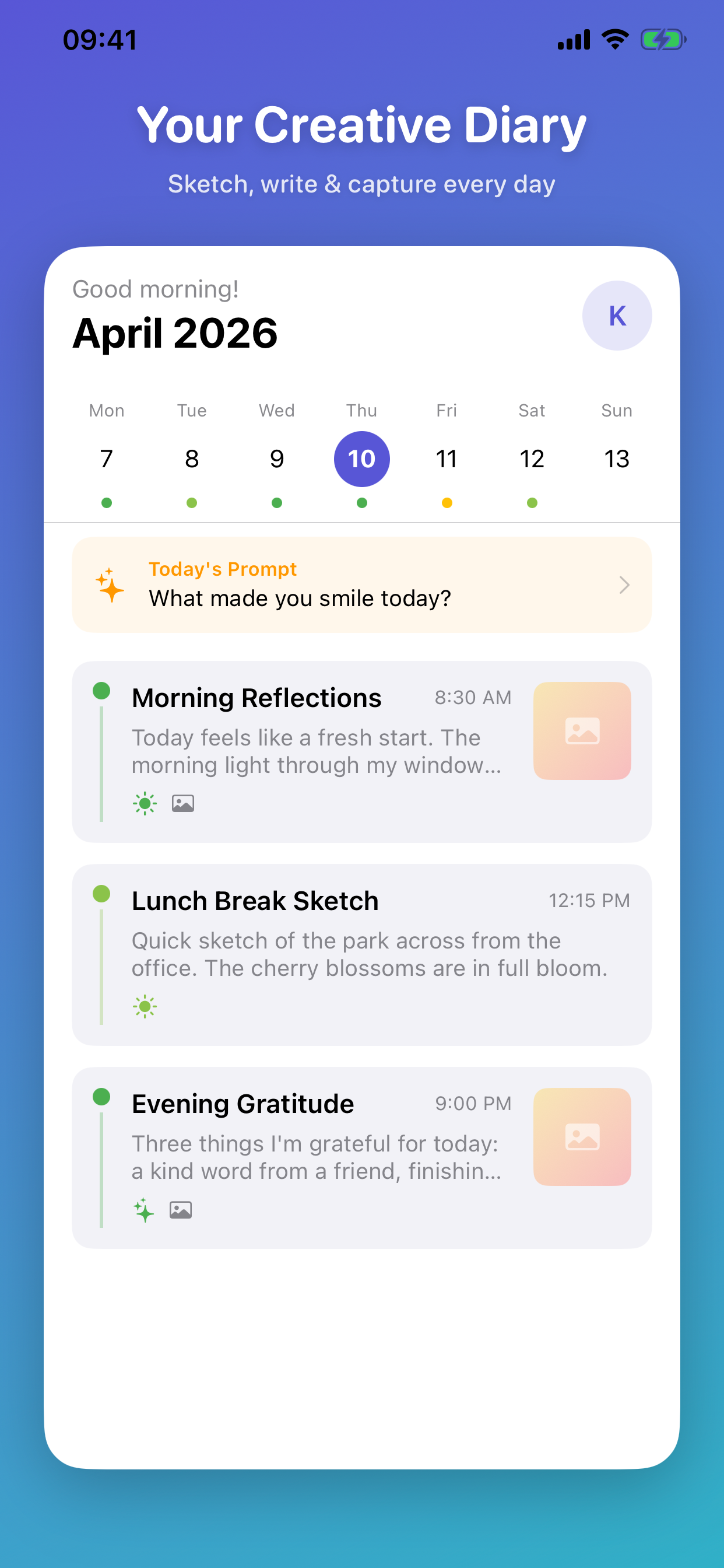 Calendar view with daily entries and prompts