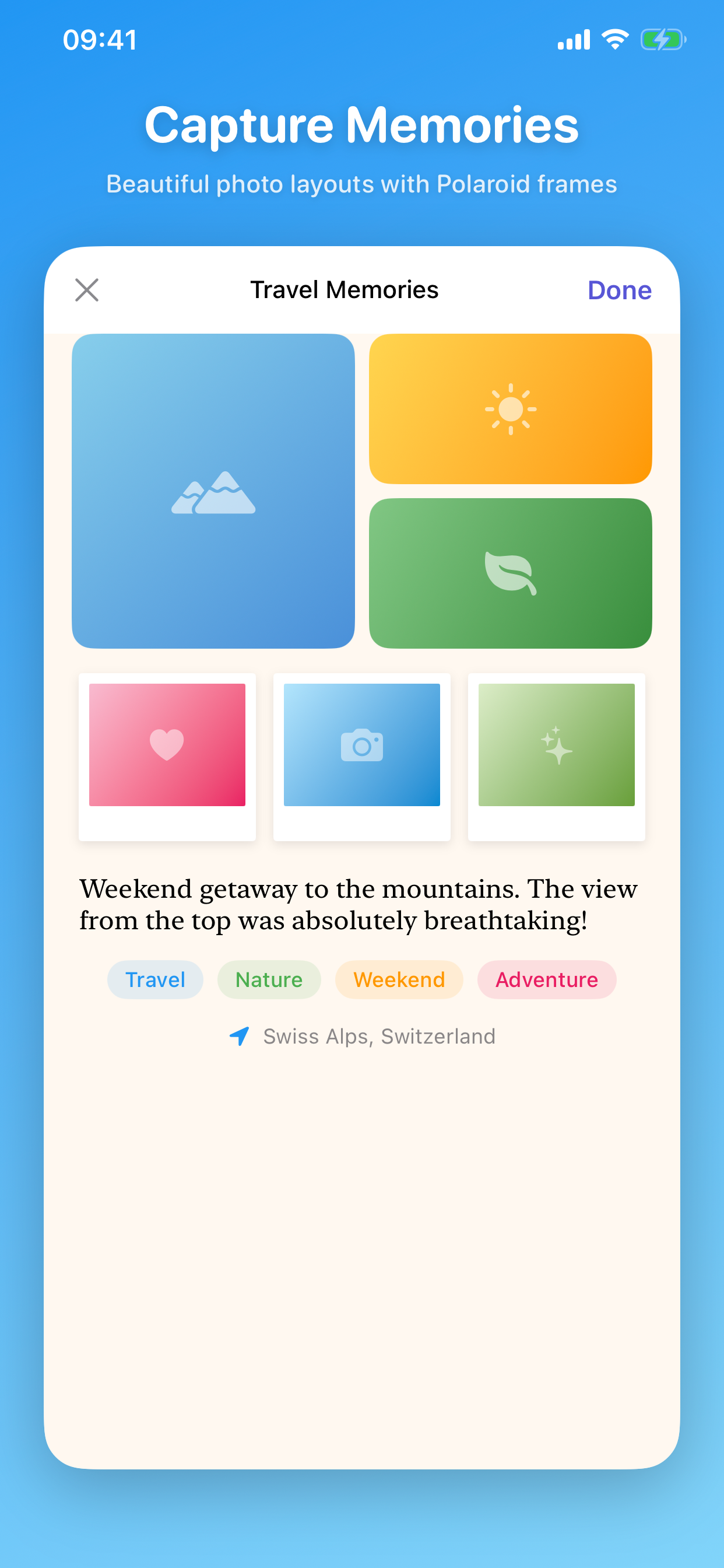 Photo layouts with tags and location