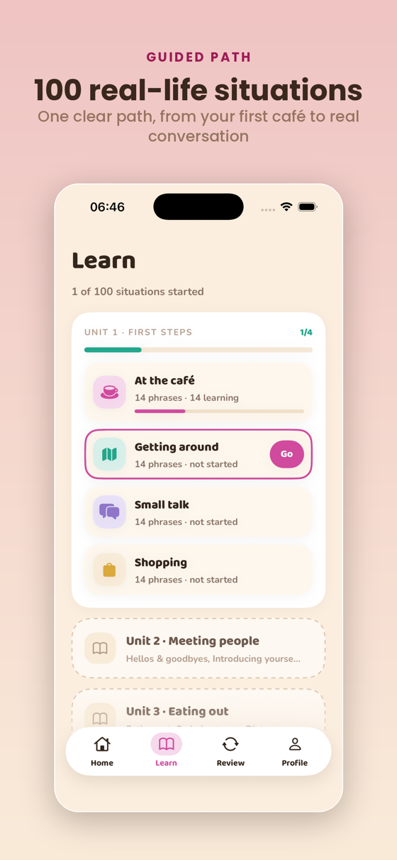 Learn tab — 100 situations across 25 units