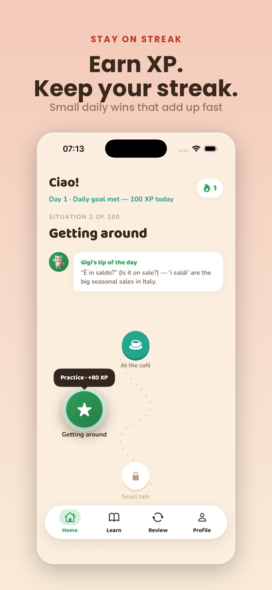 Daily trail with Gigi's tip, XP and streak