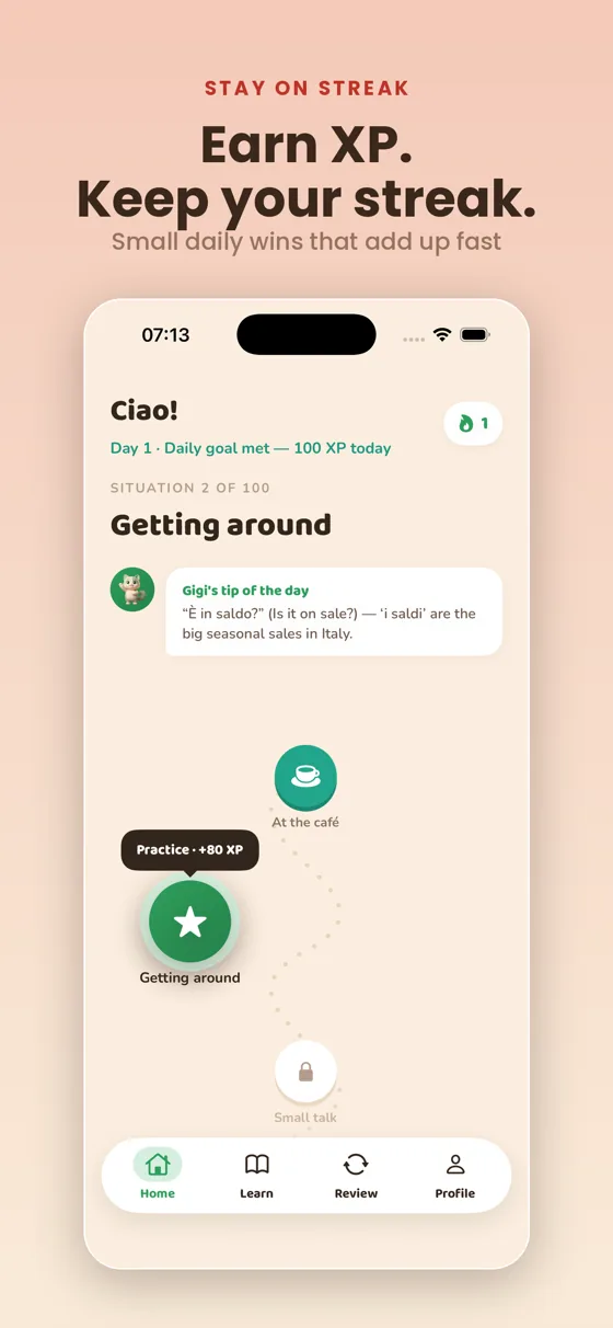 Daily trail with Gigi's tip, XP and streak