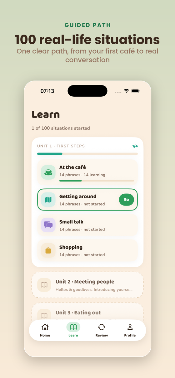 Learn tab — 100 situations across 25 units