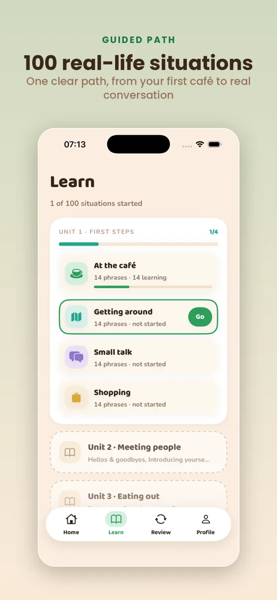Learn tab — 100 situations across 25 units