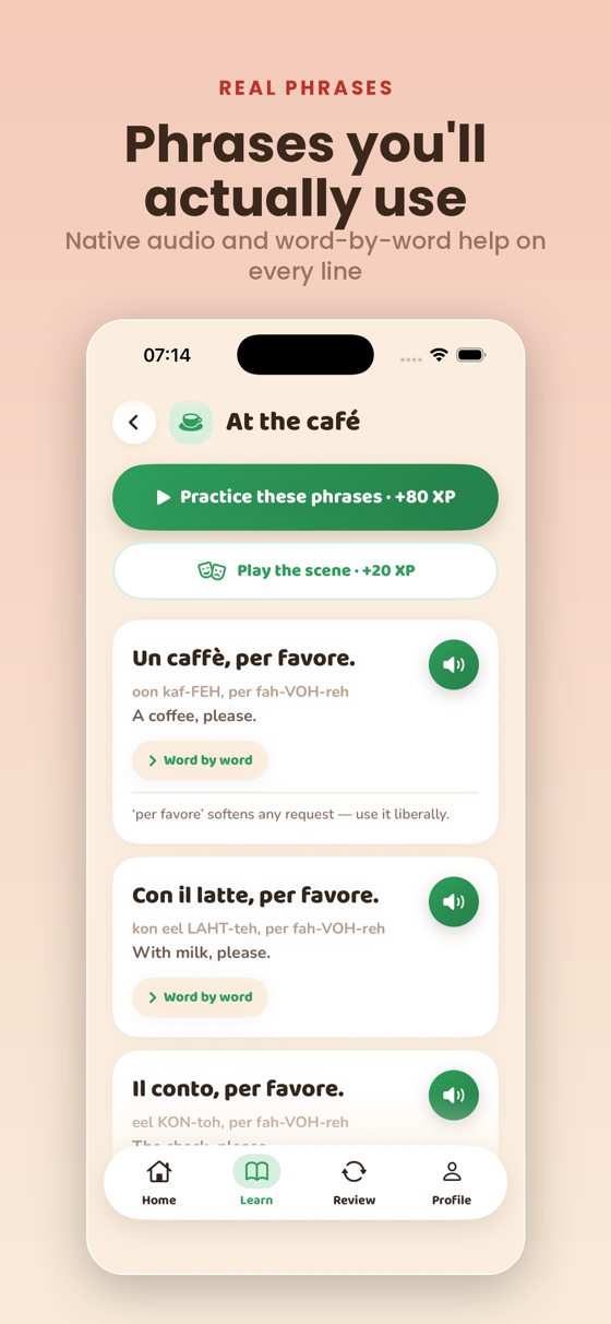 Practice real phrases with clear audio