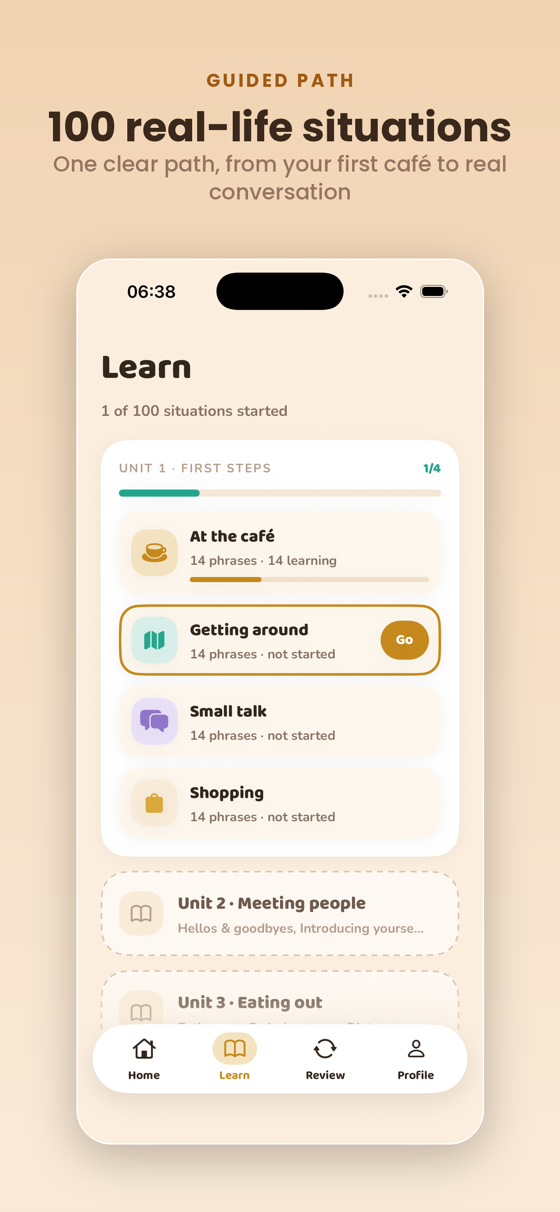Learn tab — 100 situations across 25 units