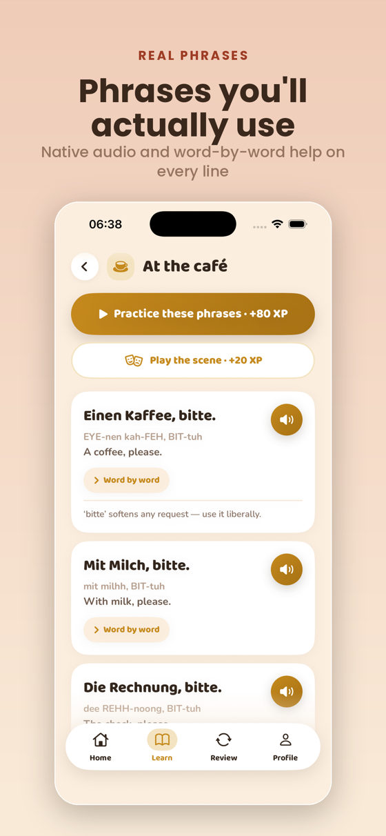 Practice real phrases with clear audio