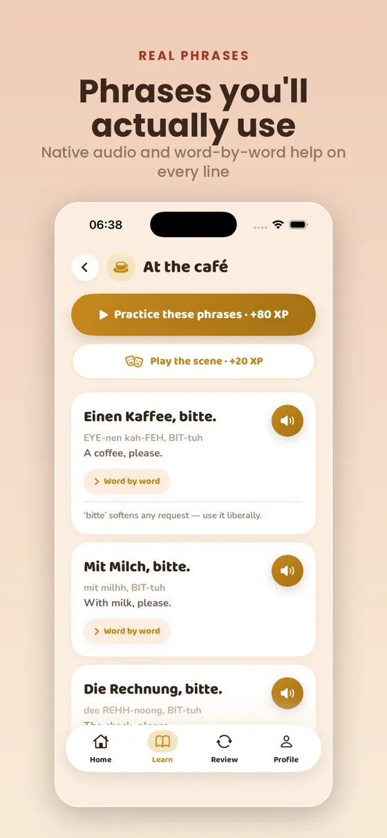 Practice real phrases with clear audio