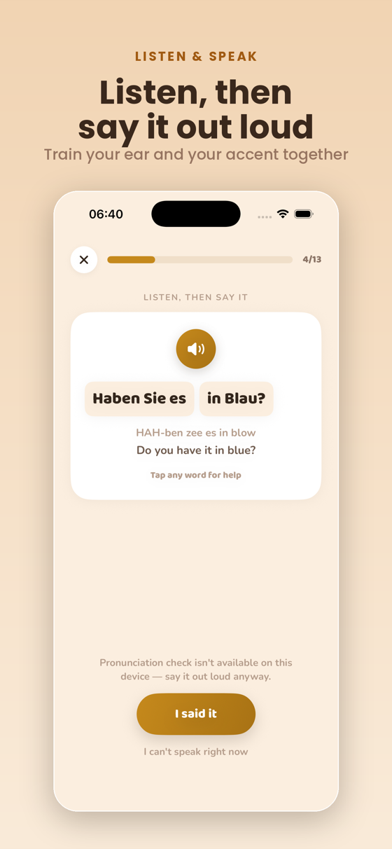 Listen & say it with word-by-word audio